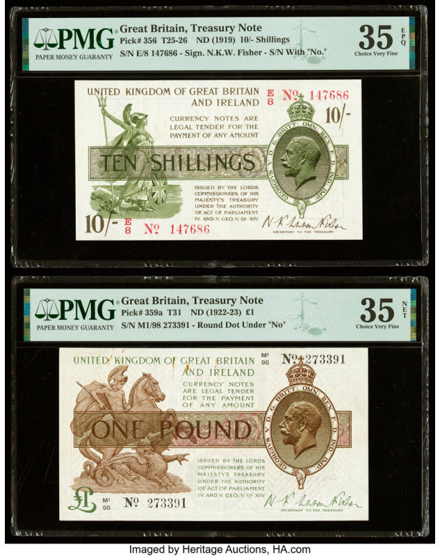 Great Britain Bank of England 10 Shillings; 1 Pound ND (1919); ND (1922-23) Pick...