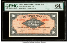 Israel Bank Leumi Le-Israel B.M. 10 Pounds ND (1952) Pick 22a PMG Choice Uncirculated 64. A corner stain is present on this example.

HID09801242017

...