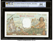 New Caledonia Banque de l'Indochine, Noumea 1000 Francs ND (1963) Pick 43ds Specimen PCGS Banknote Choice Unc 64 OPQ. A roulette Specimen Punch is pre...