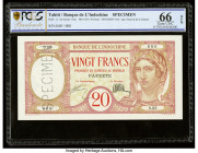 Tahiti Banque de l'Indochine 20 Francs ND (1927) Pick 12as Specimen PCGS Banknote Gem UNC 66 OPQ. A roulette Specimen punch is present on this example...