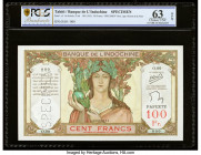 Tahiti Banque de l'Indochine 100 Francs ND (1952) Pick 14c Specimen PCGS Banknote Choice Unc 63 OPQ. Roulette Specimen punch present.

HID09801242017
...