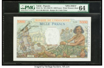 Tahiti Banque de l'Indochine 1000 Francs ND (1940-57) Pick 15s Specimen PMG Choice Uncirculated 64. Black Specimen overprint and a roulette Specimen p...