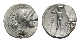 Bruttium, The Brettii, c. 216-214 BC. AR Drachm (18mm, 4.35g, 6h). Second Punic War issue. Diademed and draped bust of Nike r.; amphora behind. R/ Riv...