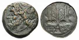 Sicily, Syracuse. Hieron II (274-216 BC). Æ (18mm, 5.95g, 12h), c. 263-218 BC. Head of Poseidon l., wearing tainia. R/ Ornamented trident head flanked...