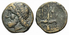 Sicily, Syracuse. Hieron II (274-216 BC). Æ (19mm, 6.23g, 11h), c. 263-218 BC. Head of Poseidon l., wearing tainia. R/ Ornamented trident head flanked...