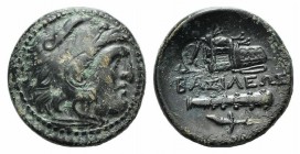 Kings of Macedon, Alexander III ‘the Great’ (336-323 BC). Æ (20mm, 5.91g, 3h). Uncertain mint in Western Asia Minor. Head of Herakles r., wearing lion...