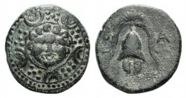 Kings of Macedon, Philip III (323-317 BC). Æ Half Unit (15mm, 3.32g, 6h). Salamis, under Nikokreon. Macedonian shield, facing gorgoneion on boss. R/ H...