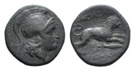 Kings of Thrace, Lysimachos (305-281 BC). Æ (19mm, 4.70g, 12h). Helmeted head of Athena r. R/ Lion leaping r.; kerykeion, monogram and spear-head belo...