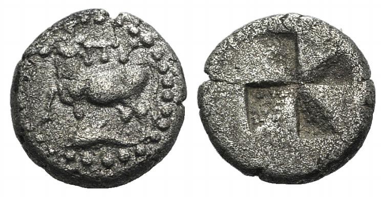Thrace, Byzantion, 416-357 B.C. AR Diobol (9mm, 1.16g). Heifer standing l.; dolp...