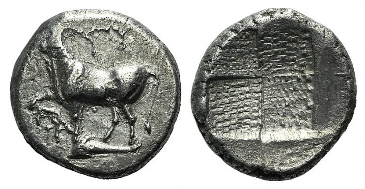 Thrace, Byzantion, c. 387/6-340 BC. AR Drachm (14mm, 3.43g). Bull standing l. on...
