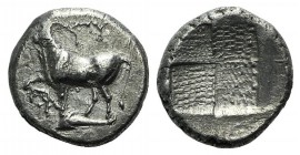 Thrace, Byzantion, c. 387/6-340 BC. AR Drachm (14mm, 3.43g). Bull standing l. on dolphin l.; monogram to lower l. R/ Quadripartite incuse square with ...