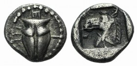 Thessaly, Krannon, c. 462/1-460 BC. AR Hemiobol (6.5mm, 0.44g, 12h). Hoof of steer; behind, trident pointing l. R/ Head and neck of horse l. within in...