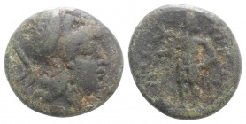Aetolian League, c. 250-150 BC. Æ Hemiobol (17mm, 4.67g, 11h). Helmeted head of Athena r. R/ Herakles standing l., head r., holding lion-skin and club...