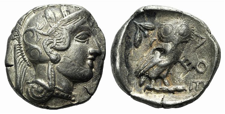 Attica, Athens, c. 454-404 BC. AR Tetradrachm (26mm, 17.06g, 9h). Helmeted head ...