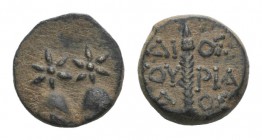 Kolchis, Dioskourias, c. 2nd-1st centuries BC. Æ (15.5mm, 4.35g, 12h). Piloi of the Dioskouroi surmounted by stars. R/ Thyrsos. SNG BM Black Sea 1021;...