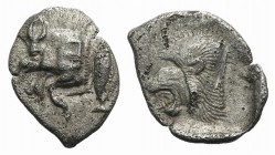 Mysia, Kyzikos, c. 450-400 BC. AR Obol (12mm, 0.80g, 9h). Forepart of boar l.; to r., tunny upward. R/ Head of lion l. within incuse square. Von Fritz...