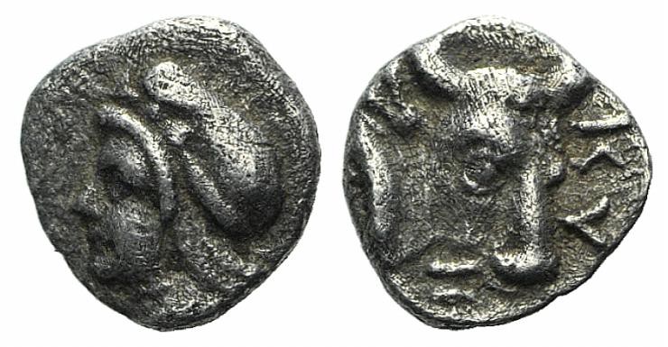 Mysia, Kyzikos, c. 450-400 BC. AR Hemiobol (6mm, 0.33g, 11h). Head of Attis l., ...