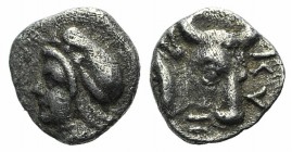 Mysia, Kyzikos, c. 450-400 BC. AR Hemiobol (6mm, 0.33g, 11h). Head of Attis l., wearing Phrygian cap. R/ Head of bull facing slightly r. Von Fritze II...