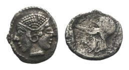 Mysia, Lampsakos, c. 500-450 BC. AR Obol (9mm, 0.53g, 3h). Female janiform head. R/ Helmeted head of Athena l. within incuse square. SNG BnF 1128-31. ...