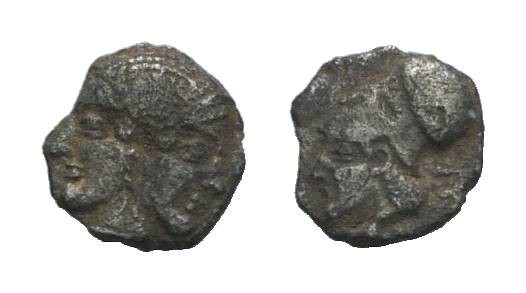 Mysia, Lampsakos, c. 500-450 BC. AR Obol (8mm, 0.50g, 6h). Female janiform head....