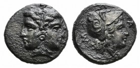 Mysia, Lampsakos, 4th-3rd centuries BC. AR Tetrobol (13mm, 2.01g, 12h). Janiform female head. R/ Head of Athena r., wearing crested Corinthian helmet....