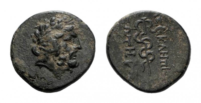Mysia, Pergamon, c. 133-27 BC. Æ (17mm, 3.40g, 12h). Laureate head of Asklepios ...