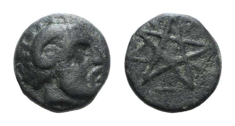 Mysia, Pitane, 4th-3rd centuries BC. Æ (6mm, 0.63g). Head of Zeus-Ammon r. R/ Pe...