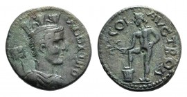 Troas, Alexandria. Pseudo-autonomous issue, c. mid 3rd century AD. Æ (22mm, 6.01g, 8h). Turreted and draped bust of Tyche r.; vexillum behind. R/ Apol...