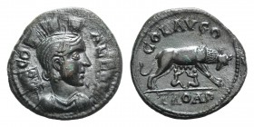 Troas, Alexandria. Pseudo-autonomous issue, c. mid 3rd century AD. Æ (23mm, 5.72g, 12h). Turreted and draped bust of Tyche r.; vexillum behind. R/ She...