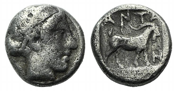 Troas, Antandros, late 5th century BC. AR Obol (6mm, 0.55g, 7h). Head of Artemis...