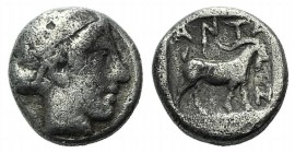 Troas, Antandros, late 5th century BC. AR Obol (6mm, 0.55g, 7h). Head of Artemis Astyrene r. R/ Goat standing r. Cf. Klein 296 (Diobol). Rare, near VF