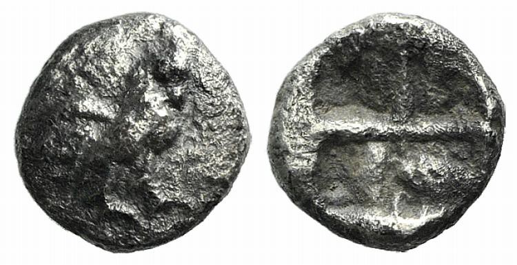 Troas, Dardanos, 5th century BC. AR Obol (8mm, 0.67g). Cock standing r. R/ Quadr...