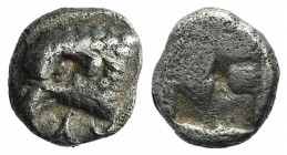 Aeolis, Kyme, c. 450-400 BC. AR Hemiobol (6mm, 0.51g). Head of eagle l.; KY to l. R/ Quadripartite incuse square. SNG Copenhagen 31; SNG von Aulock 16...