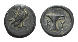 Aeolis, Kyme, c. 350-320 BC. Æ (10mm, 1.35g, 3h). Eagle standing r.; AP to l. R/ One-handled vase. Cf. SNG Copenhagen 44-5. Green patina, VF