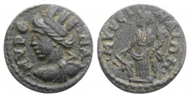 Aeolis, Myrina. Pseudo-autonomous issue, 3nd century AD. Æ (17mm, 2.70g, 6h). Turreted and draped bust of Tyche l. R/ Tyche standing l. with rudder an...