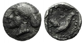 Lesbos, Methymna, c. 500/480-460 BC. AR Hemiobol (6mm, 0.28g, 12h). Head of nymph l. R/ Cock standing r.; crescent above; all within incuse square. HG...