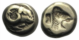Lesbos, Mytilene, c. 521-478 BC. EL Hekte - Sixth Stater (10mm, 2.49g, 9h). Head of a ram r.; below, rooster feeding l. R/ Lion’s head with open jaws ...