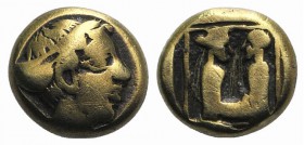 Lesbos, Mytilene, c. 454-428 BC. EL Hekte - Sixth Stater (10mm, 2.37g, 12h). Female head r., wearing sakkos. R/ Two herms facing, one male, one female...