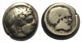 Lesbos, Mytilene, c. 454-428/7 BC. EL Hekte – Sixth Stater (9mm, 2.50g, 3h). Laureate head of Apollo r. R/ Bearded head of Silenos r. within incuse sq...