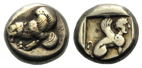 Lesbos, Mytilene, c. 412-378 BC. EL Hekte - Sixth Stater (10mm, 2.49g, 6h). Winged lion l. R/ Sphynx seated r. within incuse square. Bodenstedt Em. 63...