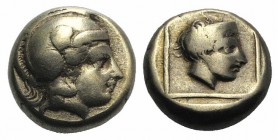 Lesbos, Mytilene, c. 412-378 BC. EL Hekte - Sixth Stater (10mm, 2.46g, 9h). Head of Athena r. wearing crested Attic helmet. R/ Head of Artemis-Kybele ...