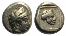 Lesbos, Mytilene, c. 412-378 BC. EL Hekte – Sixth Stater (10mm, 2.51g, 12h). Head of Artemis-Kybele r., wearing stephane decorated with palmettes. R/ ...