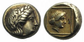 Lesbos, Mytilene, c. 377-326 BC. EL Hekte - Sixth Stater (10mm, 2.55g, 6h). Laureate head of Apollo r. R/ Head of female r. within linear square. Bode...
