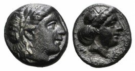Lesbos, Mytilene, c. 400-350 BC. AR Diobol (9mm, 1.22g, 7h). Laureate head of Apollo r. R/ Female head r.; thunderbolt behind. BMC 9; HGC 6, 1037. VF