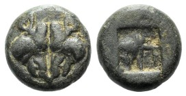 Lesbos, Unattributed early mint, c. 500-450 BC. BI 1/12 Stater (8mm, 1.21g). Confronted boars’ heads. R/ Four-part incuse square. HGC 6, 1067. VF