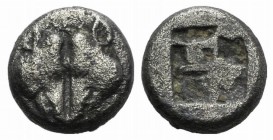 Lesbos, Unattributed early mint, c. 500-450 BC. BI Obol (8mm, 1.24g). Confronted boars’ heads; crescent above. R/ Four-part incuse square. Cf. HGC 6, ...