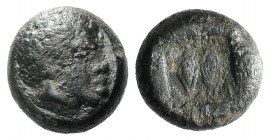 Lesbos, Unattributed early mint, c. 500-450 BC. BI Obol (7mm, 0.90g). Head of an African l. R/ Two barley-corns within incuse square. HGC 6, 1088. Nea...