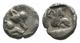 Lesbos, Uncertain, c. 500-450 BC. BI 1/36 Stater (6mm, 0.38g, 9h). Confronted boars’ heads. R/ Boar’s head r. within incuse square. Unpublished in the...