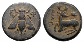 Ionia, Ephesos, c. 390-320/00 BC. Æ (12mm, 2.13g, 12h). Dias, magistrate. Bee. R/ Stag kneeling l. SNG Copenhagen 254-5 var. (magistrate). Green patin...
