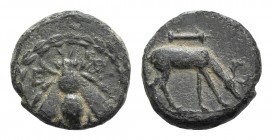 Ionia, Ephesos, c. 280-258 BC. Æ (15mm, 3.96g, 12h). Bee within wreath. R/ Stag grazing r.; quiver above. Cf. SNG Copenhagen 268-9. Green patina, abou...